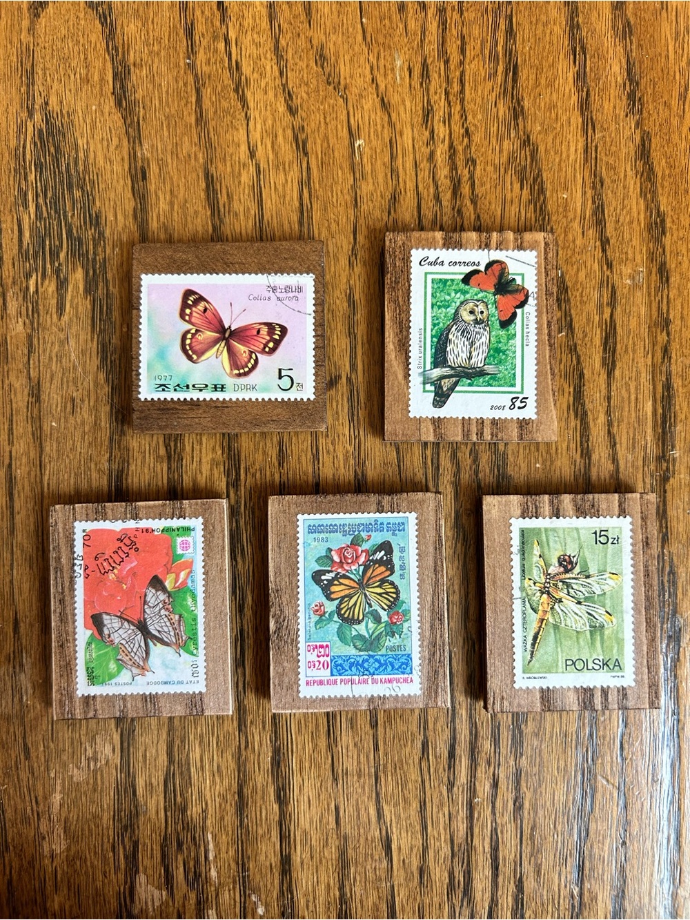 Handmade Vintage Postage Stamp Magnets On Wood • Butterflies